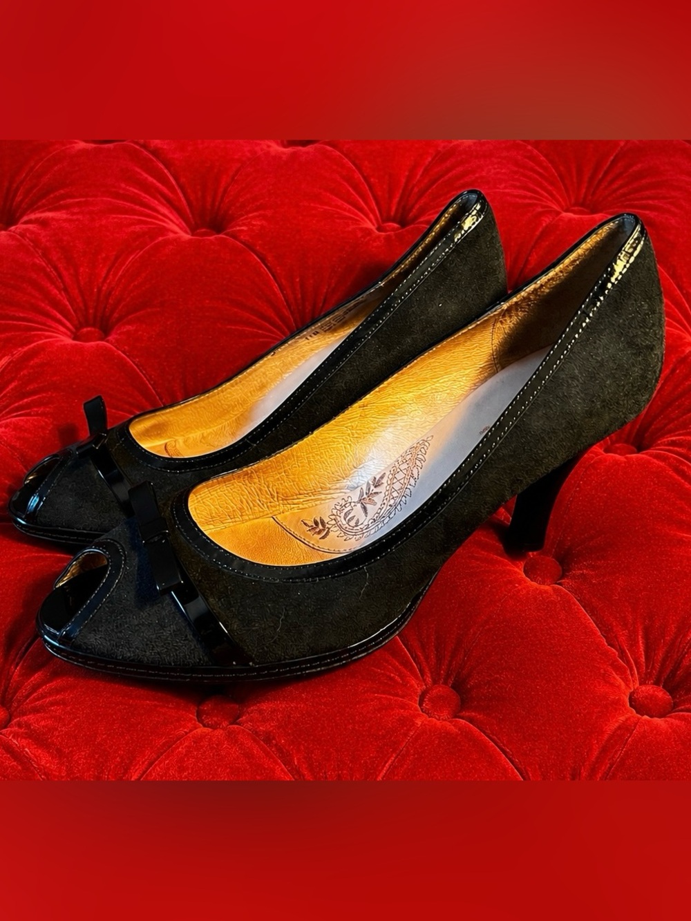 Söfft Peep Toe Heels | Black Suede & Patent Leather | Excellent Condition
